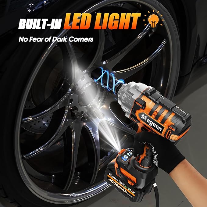 1/2 inch Cordless Impact Wrench, 900Ft-lbs (1200N.m) High Torque Brushless Impact Gun,3800RPM,2x4000mAh Battery, 5 Sockets,LED Light,Electric Impact Motor Variable Speeds for Car/Mower/Pickup