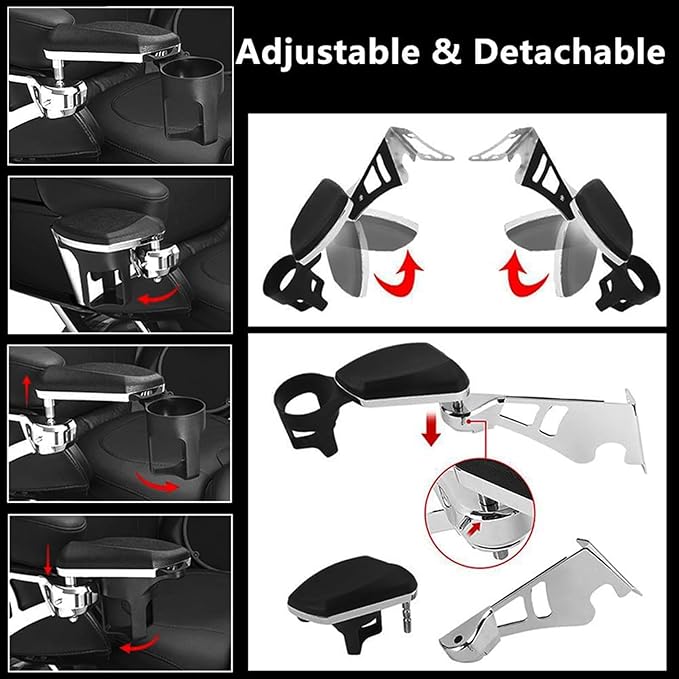Motorcycle Passenger Armrests Adjustable with Cup Holder for Harley Touring Electra Glides Road Glide Ultra Tri Glide 1997-2013 Motorbike Accessories Parts Black