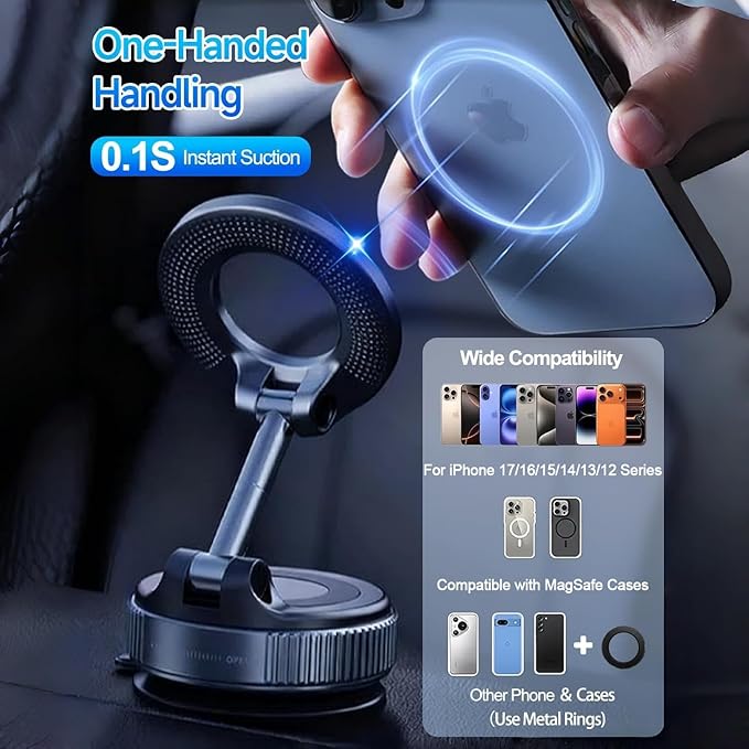 Strong Magnetic Car Phone Holder for MagSafe with Vacuum Suction Cup, Foldable and Retractable, 360° Rotation Phone Mount for iPhone 12 13 14 15 16 17 and Android Smartphones, Black