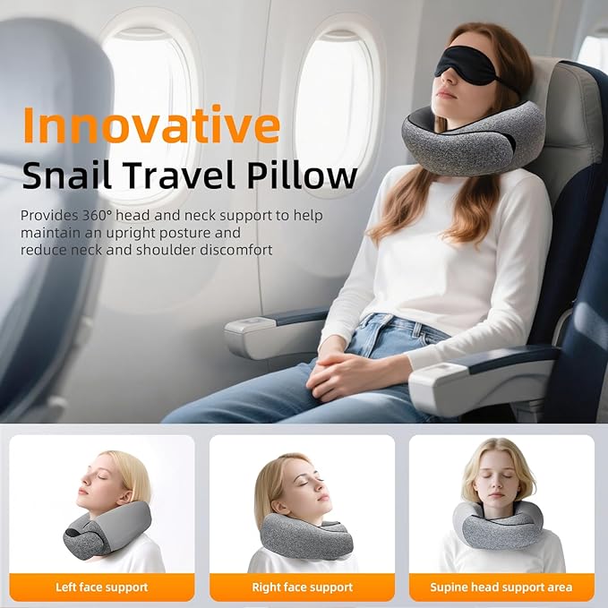 Travel Pillows for Airplanes, 100% Pure Memory Foam Neck Pillow with Skin-Friendly Silk Cover, Ergonomic Support, Washable Cover, Eye Mask, Earplugs, Ideal Neck Pillow for Flight Trips