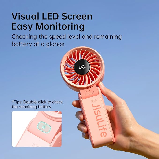 JISULIFE Handheld Fan Life7 – Ultimate Flexibility: High-Power Motor, LED Display, 3600mAh Rechargeable, 5-Speed, Foldable Design, 3-IN-1 Portable Hand/Desk/Neck Fan for Travel, Gift for Women (Pink)