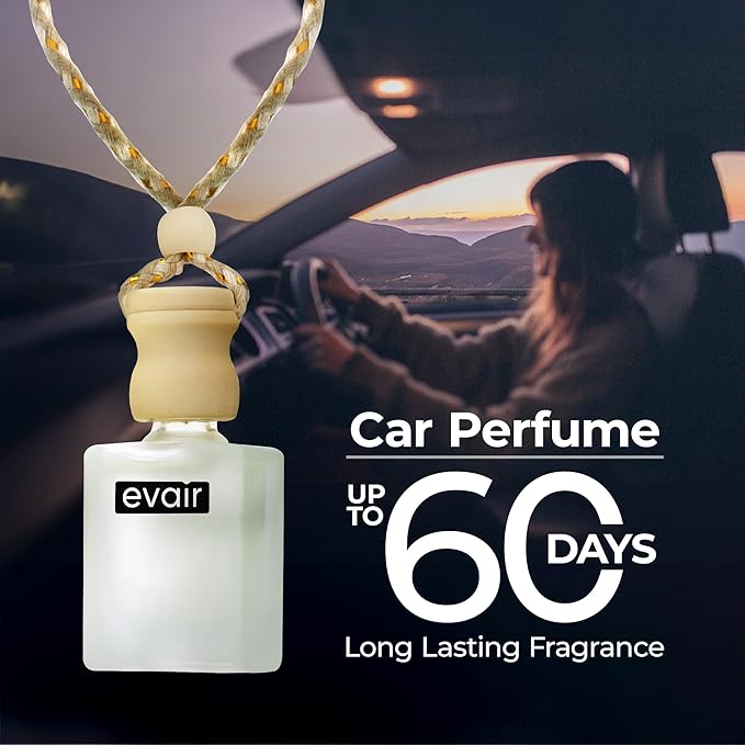 Evair Hanging Car Air Freshener | Car Accessories Interior | Car Perfume Aroma with Essential Oils Fragrance in Glass Bottle with Wooden Diffuser Lid | 10 ml- Pack of 2 (Sandalwood & Ocean Rush)