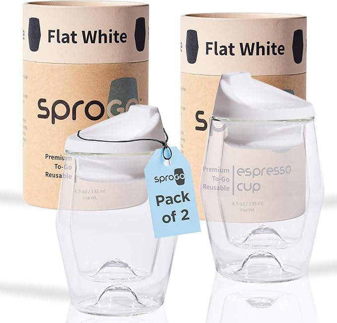 To-Go Espresso Glass Travel Mug with Lid, Reusable Double Wall Glass Tumbler, Fits Most Coffee Makers/Cupholders for Your Car, Gifts for Coffee Lovers, 2-Pack Flat White Cortado Cups