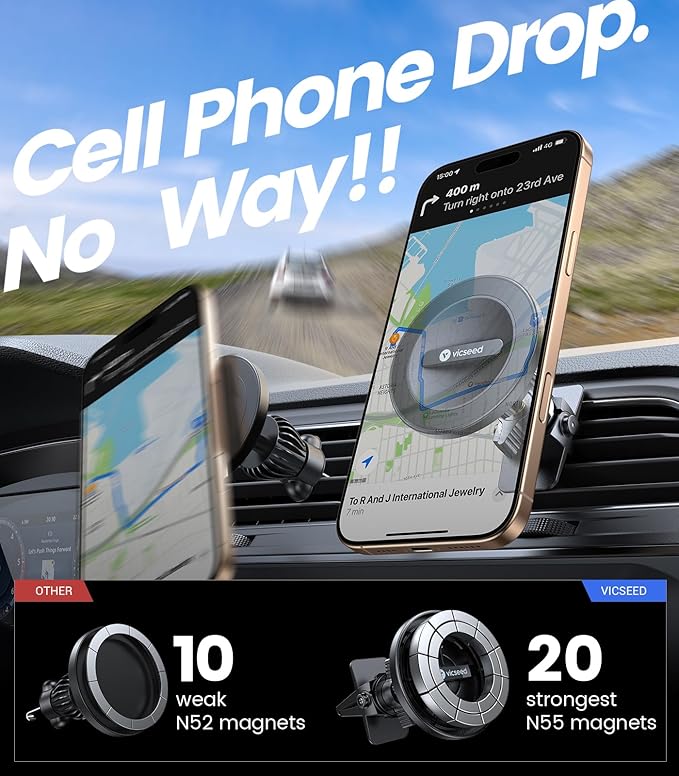 VICSEED for MagSafe Car Mount [Super Magnet Power & Vent-Safe Clip] Upgraded Steel Core Magnetic Phone Holder 360° Adjustable Hands Free Vent Mount for 17 16 15 14 13 12 Pro Max