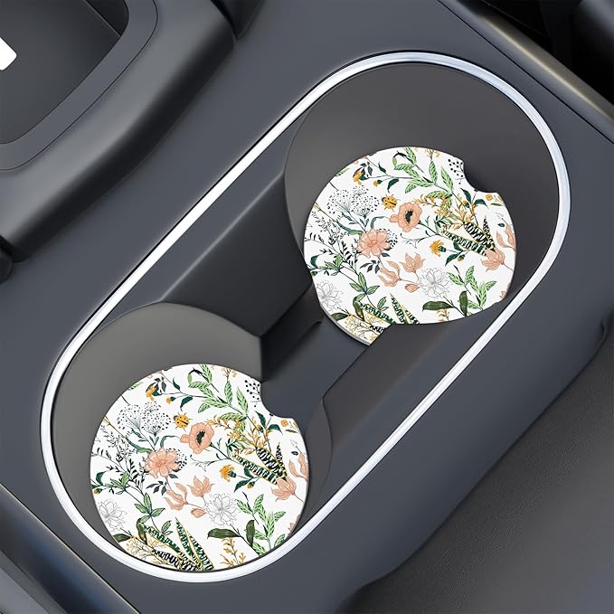 Car Cup Holder Coaster, Car Coasters for Cup Holders, 4 Pack Universal Anti Slip Insert Absorbent Ceramic Auto Interior Accessories with A Finger Notch & Cork Base, Village Road Flowers