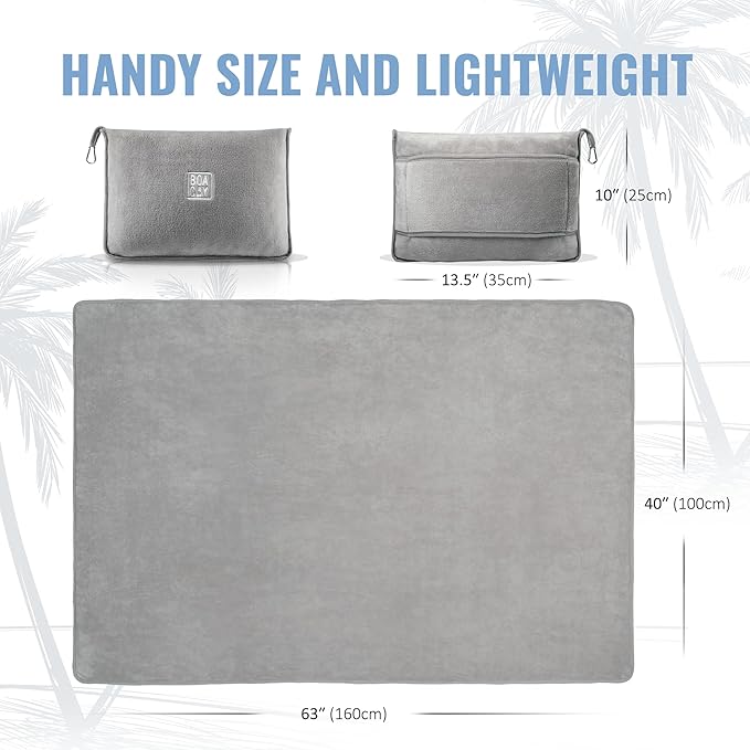 BOACAY Soft & Warm Travel Blanket for Airplane & Car - Long Flight Essential for Women, Men, Kids - Compact Pillow with Luggage Sleeve & Backpack Clip