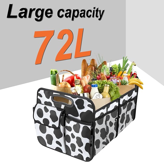 Trunk Organizer for Car, 72L Collapsible Waterproof Car Organizers and Storage, Car Accessories for Women and Men, Multi-Compartment Storage Organizer for SUV, Cow Print