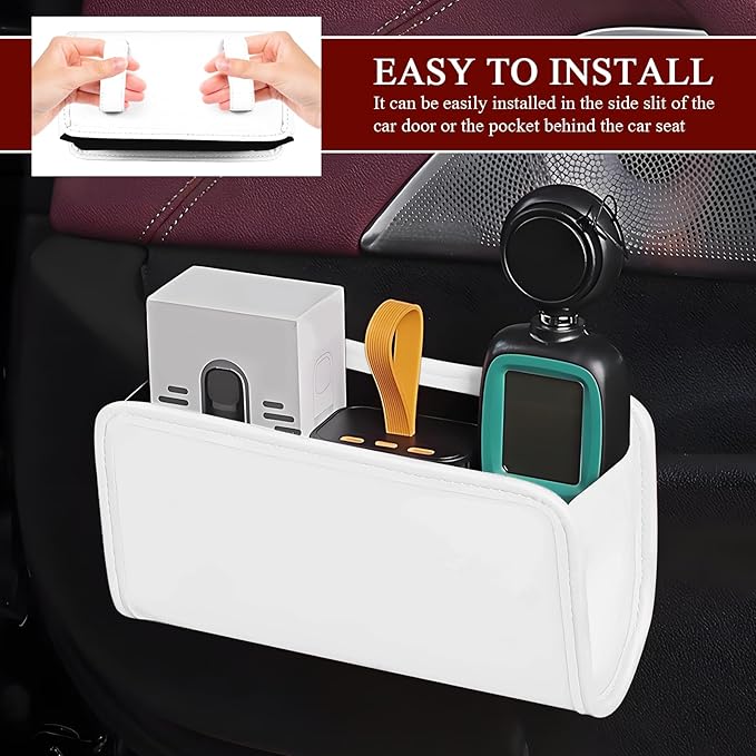 Hovom Car Trash Can, Leather Waterproof Automotive Garbage Can with Trash Bag, Hanging Mini Vehicle Trash Bin, Small Auto Door Organizer Storage Pouch, Universal Car Accessories (White)