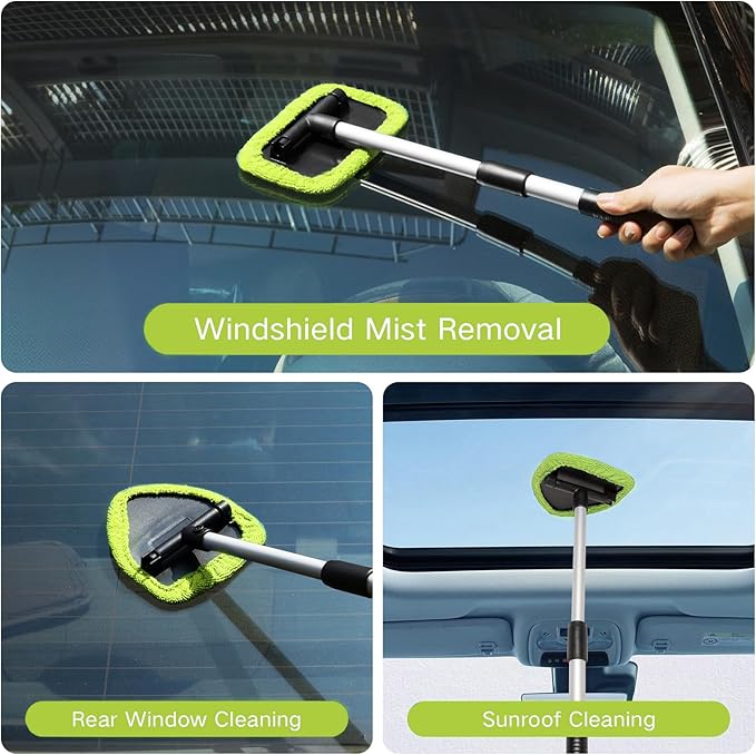 10pcs Windshield Cleaning Tool Inside Car Window Cleaner Wash Kit with 4 Reusable Microfiber Pads 1 Spray Bottle and Extendable Handle Interior Auto Glass Wiper Kit, Green