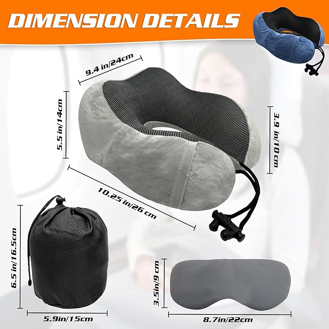 Travel Pillow 3-in-1 Memory Foam Ergonomic Neck Support Pillow for Airplanes with Ear Plugs & Eye Mask | Machine Washable Travel Pillow for Long Flights, Road Trips & Camping (grey+dark blue)