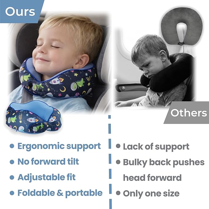 SKYTRAX® Certified Kids Safe Memory Foam Travel Neck Pillow for Kids and Toddlers, Cute Cartoon Design, Car Seat & Airplane Head Neck Support, Adjustable Snap Button, Washable Soft Cover (Dinosaur)