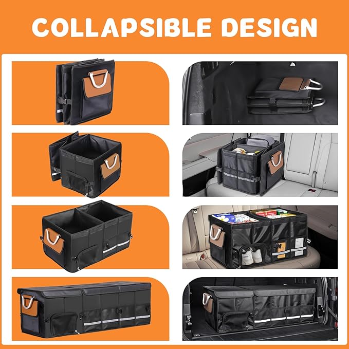 HAMOPY Car Trunk Organizer and Storage with Separate Compartment for 1 Pair of Shoes, Heavy Duty with Lid & Removable Leakproof Cooler Bag, Collapsible Large Trunk Organizers for SUV Sendan (Black)