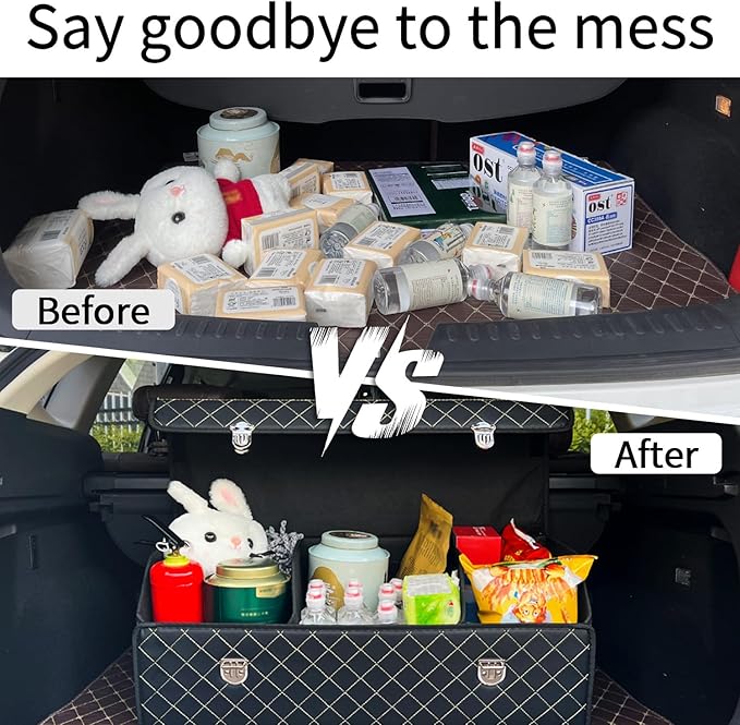 Trunk Organizer for Car With Lid,Foldable Trunk Organizer for SUVs & Sedans,Multi-Functional Leather Storage Box - Black Grid - Large