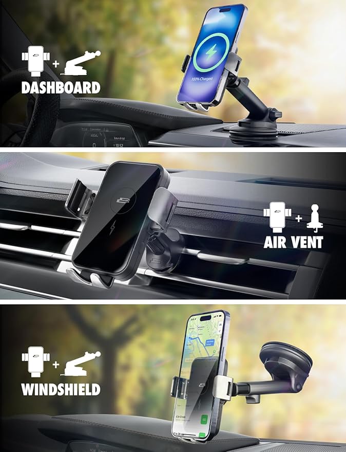 Bracketron PwrUp Auto 15W Qi Fast Wireless Charging Car Mount Dashboard Windshield Air Vent Cell Phone Charger Cellphone Holder