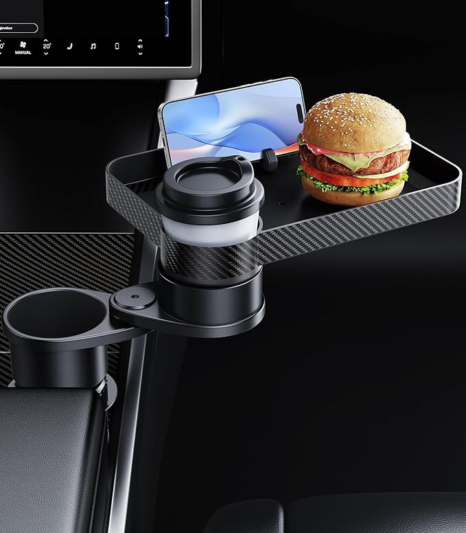 Car Double Cup Holder Tray Table, Swivel Car Food Tray Table for Front/Rear Passenger Seat for Eating, Cup Holder Expander with Phone Holder, Drink Sauce Holder for Car, Road Trip Essentials