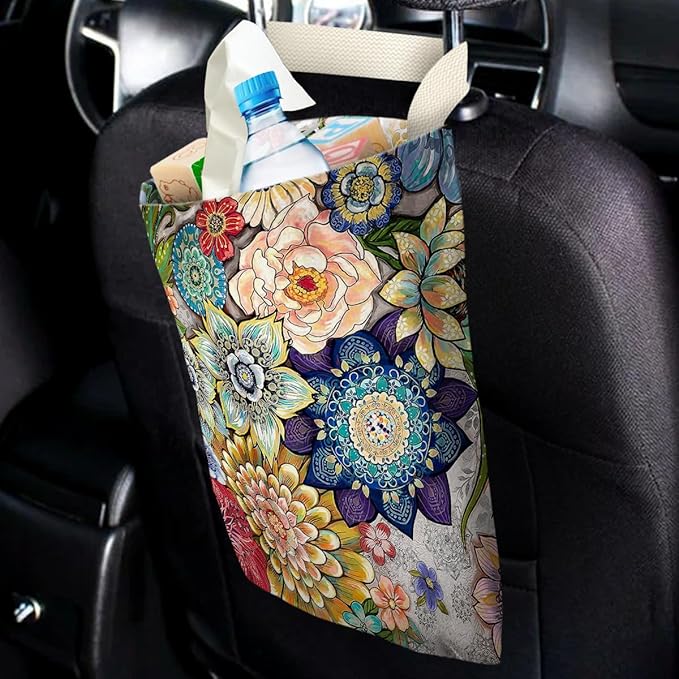 Boho Floral Car Trash Bags - Hanging, One-handed Strap, Cute Printed, Small Garbage Bags for Car Back Seat Accessories