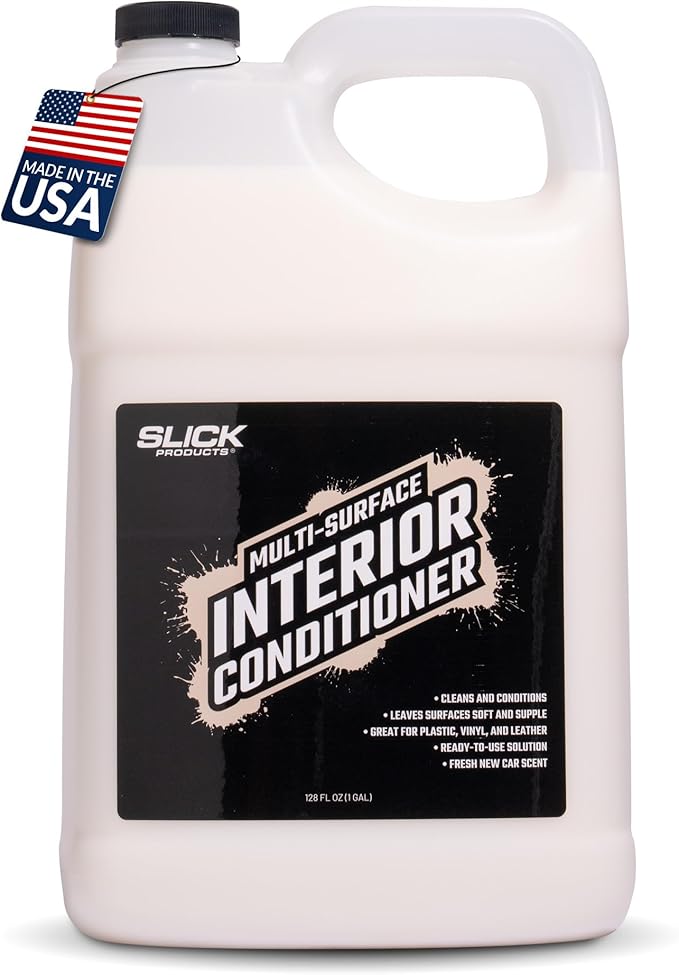 Slick Products Multi-Surface Interior Conditioner – Cleans & Conditions Vinyl, Plastic & Leather – Non-Greasy Car Interior Cleaner & Protectant – Fresh New Car Scent – 128 oz.