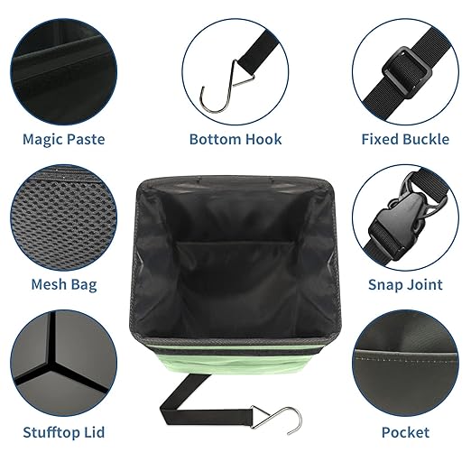 Sage Green Trash Can with Lid - Collapsible Reusable Waterproof Garage Bag, Automotive Garbage Can, Car Accessories Interior Organizer
