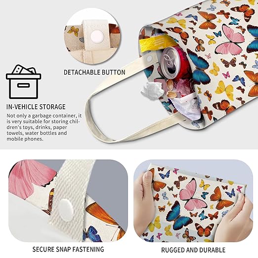 Cute Car Trash Can, Hanging Canvas Car Back Seat Organizer and Storage Bag, Funny Car Trash Bag For Travelling, Outdoor Cute Colorful Butterfly