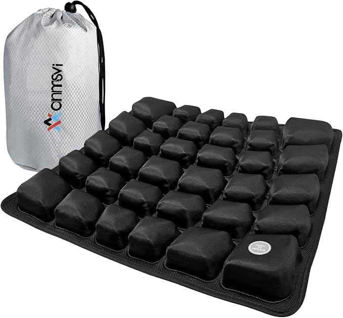 Inflatable Travel Seat Cushion with Built-in Pump & Carry Bag - Portable and Adjustable for use in Airplane, Car, Train, Truck, Office, Home - Coccyx, Sciatica, Tailbone Pain Relief (Black)