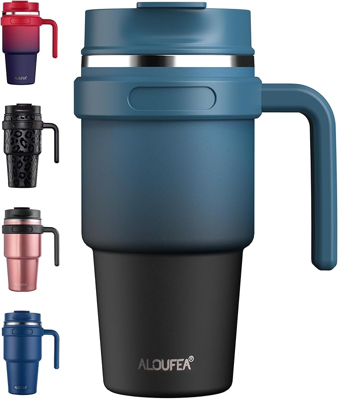 ALOUFEA 20 oz Insulated Coffee Mug Tumbler with Handle, Stainless Steel Travel Mug Tumbler with Lid and Straw,Double Wall Vacuum Leak Proof Ice Coffee Thermal Cup, Indigo Black