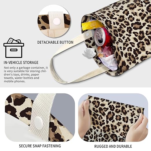Cute Car Trash Can, Hanging Canvas Car Back Seat Organizer and Storage Bag, Funny Car Trash Bag For Travelling, Outdoor Classic Leopard Print