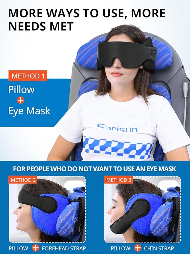 Airplane Pillow Combo with Chin Strap, Travel Pillows for Airplanes with Sleep Eye Mask, Plane Pillow for Long Flights, Car Road Trip, 360° Headrest, Stop Bobblehead, Black
