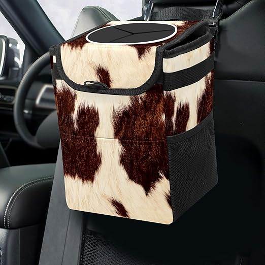 Cowhide Car Trash Can with Lid Collapsible Reusable Waterproof Car Garage Bag,Automotive Garbage Can,Car Accessories Interior Car Organizer One Size