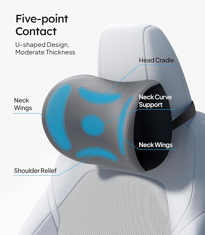 Wigoo 2026 Upgrade Car Neck Pillow [No More Pressure, Odorless] Soft Car Headrest Pillow with Adjustable Strap Removable Cover 100% Memory Foam, Fits All Vehicles (Gray 2-Pack)