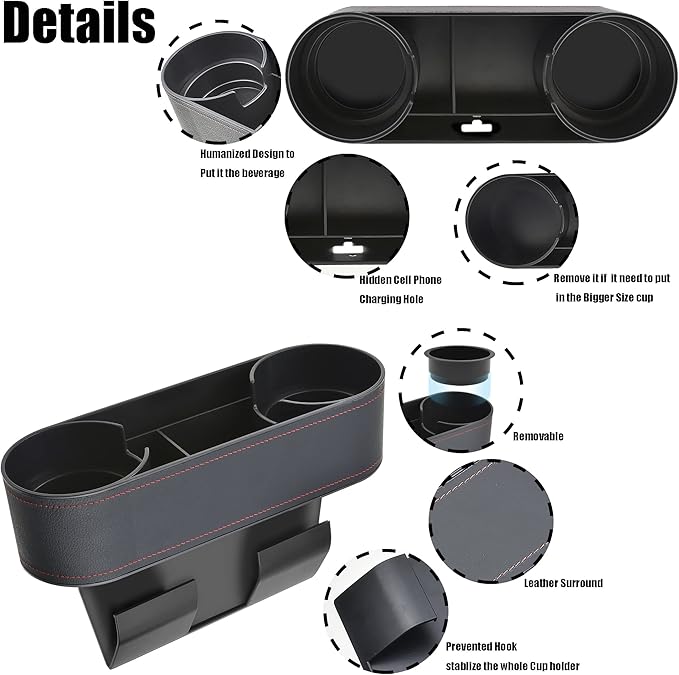 Car Cup Holder Expander Organizer,Multifunctional Cup Drink Holders with PU Leather Cover,Side Insert Center Console Seat Gap Filler Storage Box for Mug Bottle CellPhones Keys Coffee Coasters Cards