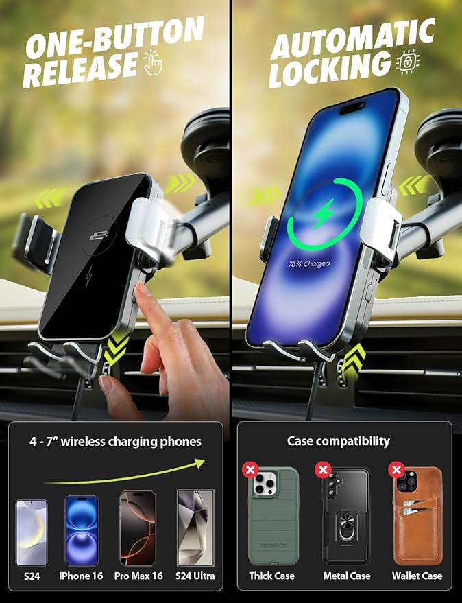 Bracketron PwrUp Auto 15W Qi Fast Wireless Charging Car Mount Dashboard Windshield Air Vent Cell Phone Charger Cellphone Holder