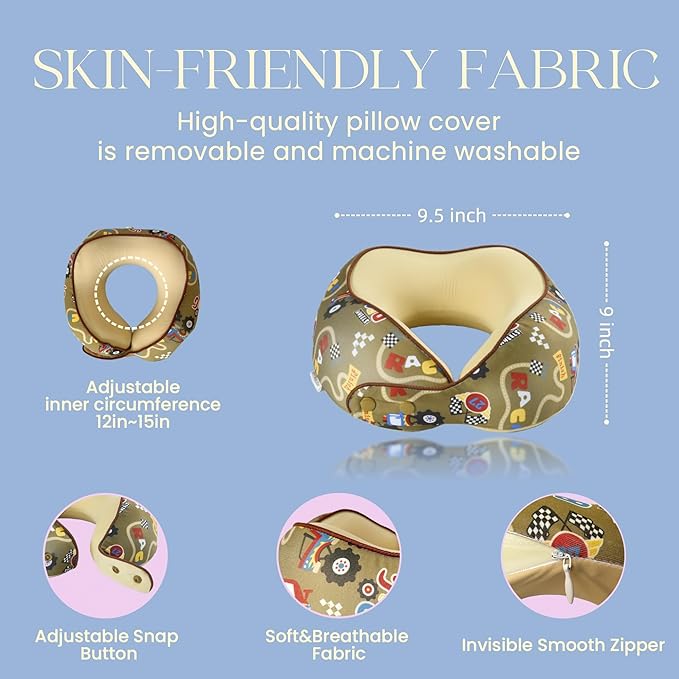 SKYTRAX® Certified Kids Safe Memory Foam Travel Neck Pillow for Kids and Toddlers, Cute Cartoon Design, Car Seat & Airplane Head Neck Support, Adjustable Snap Button, Washable Soft Cover (Racecar)