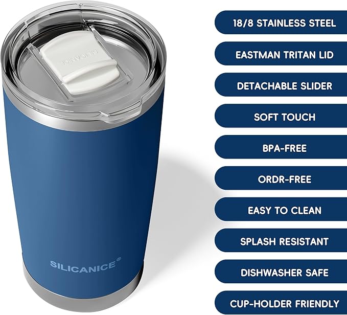 20oz Vacuum Insulated Tumbler - Double Wall Stainless Steel Coffee Mug with Detachable Slider Lid, BPA Free, Car Cup Holder Compatible - Gym/Office/Travel/Home - Navy Blue