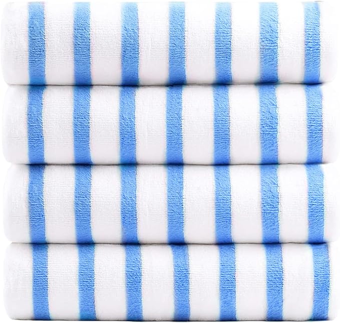 JML Beach Towels, Microfiber Bath Towel Set, Cabana Stripe, Absorbent, Quick Dry for Adult, Travel, Summer, Sport, Swimming, Pool, Yoga, Camping, 4 Pack, 30" x 60", StripeBlue