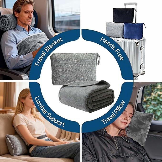 Travel Blanket and Pillow - Premium Soft 2 in 1 Airplane Compact with Soft Bag Pillowcase, Plane Blanket Compact Packable, Travel Essentials Accessories for Plane and Car, 60x80 Grey