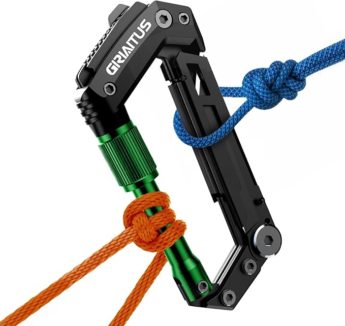 Carabiner Multitool with Pocket Knives, EDC Carabiners, Serrated Knife, Rope Cutter, Screwdriver, Can Bottle Opener, Ruler, Folding Knife for Camping Hiking, Gifts for Men (Green)