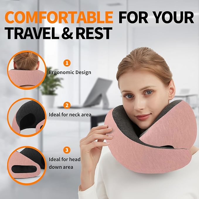 Travel Neck Pillow for Airplane – Memory Foam 360° Support Compact Design Ergonomic Flight Pillow for Sleeping & Neck Support Portable Travel Pillows for Adults, Car, Office Home (Pink)