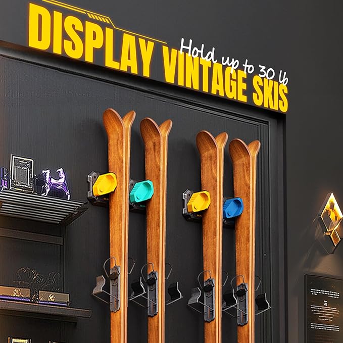 Ski & Snowboard Wall Rack for Garage Wall Fits Any Ski/board, Ski Wall Mount Holders Damage-Free Storage Rack, Garage Organization Space-Saving Winter Gear Organizer, Yellow, 4 Pack