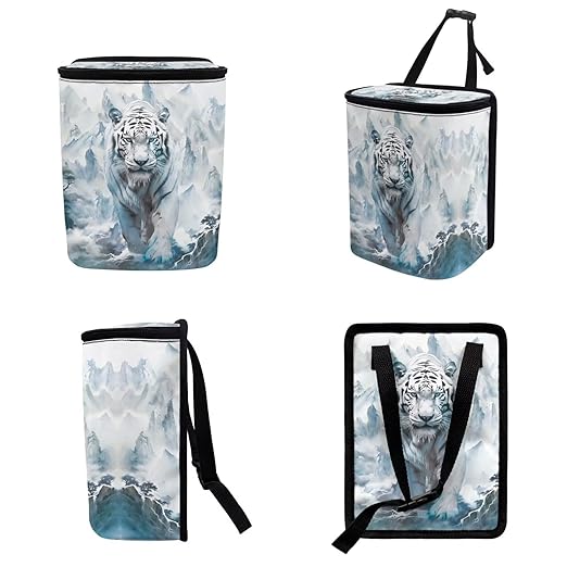 1.2 Gallons Car Trash Can for Women, White Tiger Auto Trash Can for Car, Adjustable Hanging for Tail of Console/Back of Seat, Odor-Free with Zipper Leak-Proof Lid Design, Small and Convenient