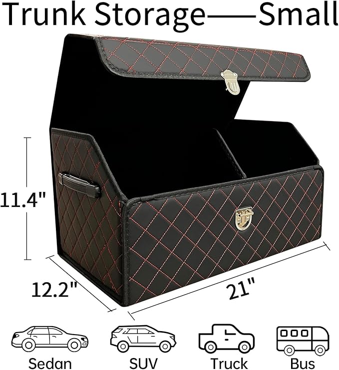 Trunk Organizer for Car With Lid,Foldable Trunk Organizer for SUVs & Sedans,Multi-Functional Leather Storage Box- Black Red Grid - Small