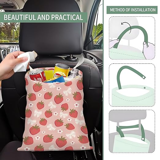 Cute Car Trash Can, Hanging Canvas Car Back Seat Organizer and Storage Bag, Funny Car Trash Bag for Travelling, Outdoor Cute Pink Strawberry