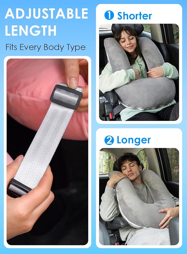 QUEEN ROSE Car Travel Pillow for Sleeping, Adjustable Head Support for Adults & Kids, Breathable Soft Neck Cushion for Road Trips, Machine Washable Cover, Grey