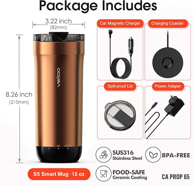 VSITOO S5 heated travel mug,16oz, Auto-Sensing AI Heats Drinks To 120-150°F Hands-Free. Temperature Control for All Cars, Perfect for Home/Office/Travel/Outdoor, Ideal Gift for Coffee Lovers - Copper