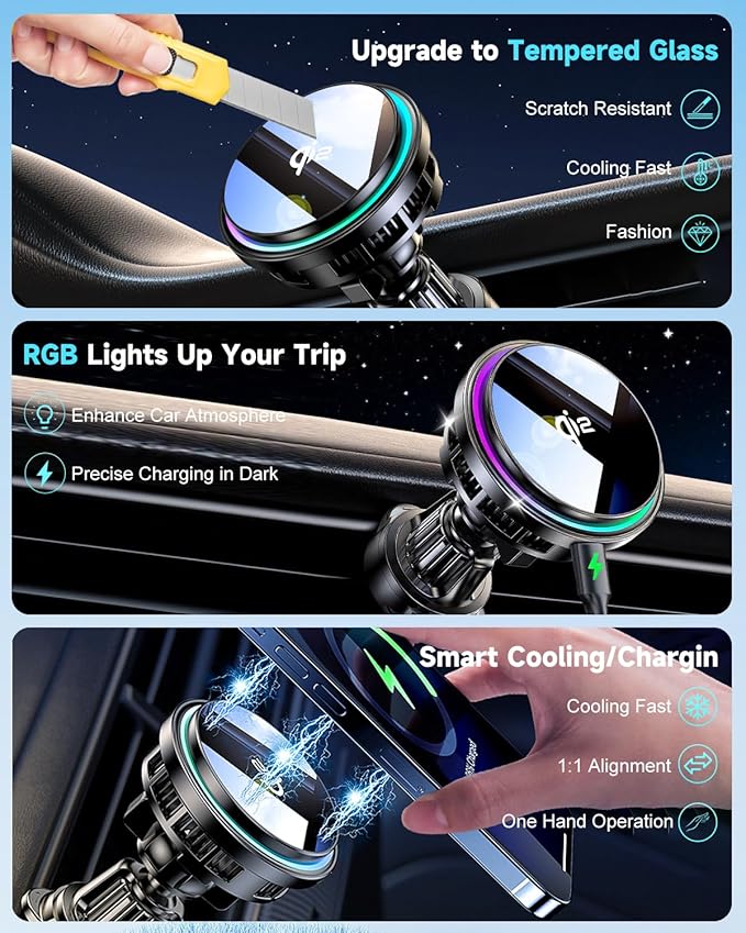 for Qi2 15W MagSafe Car Mount Charger RGB Light, Ice Cooling Magnetic Wireless Car Charger Phone Holder, Air Vent Fast Charging for iPhone 17 16 15 14 13 12 Pro Max Air, Galaxy S25, Car Accessories