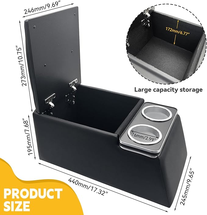 Universal Truck Seat Organizer, Black Storage Box with 2 Cup Holders, Armrest & Padded Lid for Car Organization - Fits SUV & Pickup