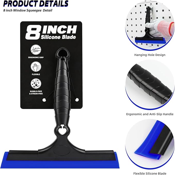 EHDIS 2PCS Flexible 8-Inch Silicone Squeegee Window Tint Tool Auto Water Blade, Shower Squeegee for Car Windshield, Glass, Tiles, and Smooth Surfaces (Blue)