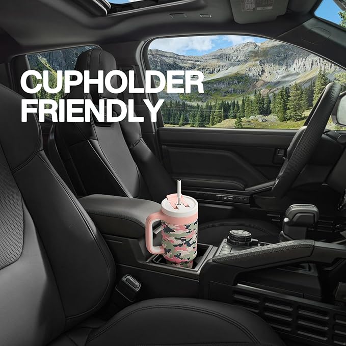 40 oz Camo Tumbler with Handle, 2-in-1 Straw and Sip Lid, Leakproof, Dishwasher Safe, Insulated Stainless Steel Travel Coffee Mug, Keeps Cold for 34 Hours, Fits in Car Cup Holder (Rose Dappled)