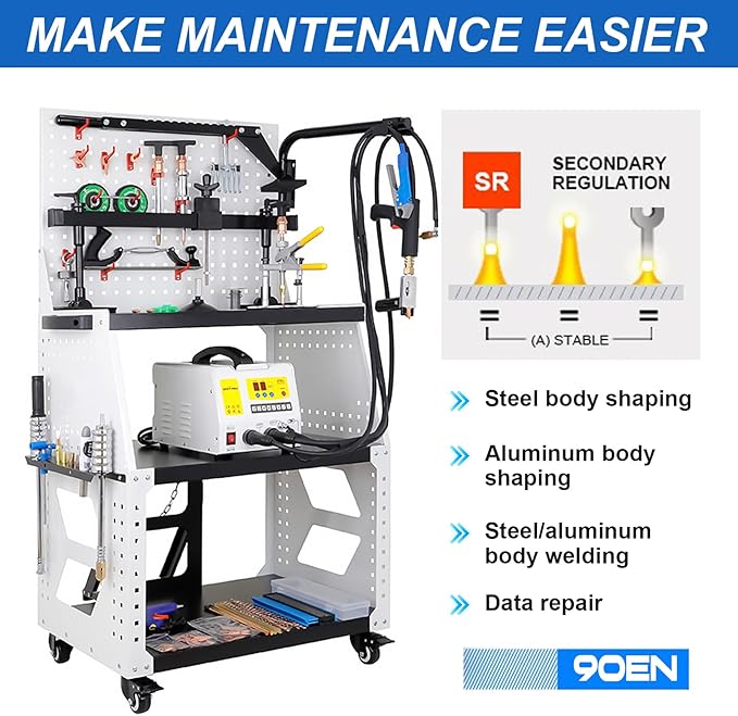 110V Spot Welder Dent Puller Kit Car Body Repair Steel Pulling Data Recovery Function Steel Iron Aluminium Car Auto Repair Machine Stud Welder Dent Puller Machine with Professional Tool Car (90EN)