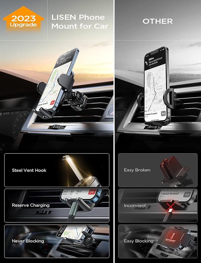 LISEN Phone Mount for Car [Ultla Stable] Phone Holder for Car Vent[Never Blocking] Steel Hook Clip Car Phone Holder Mount for iPhone 15 14 13 Pro Samsung Galaxy S223/S22/S21 All Phones