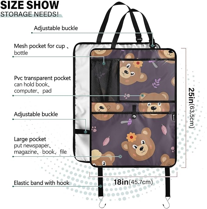2 Pack Backseat Car Organizer with Storage Pockets Seat Back Organizers for Kids Kick Mats Backseat Protector Automotive Cute Bear Brown